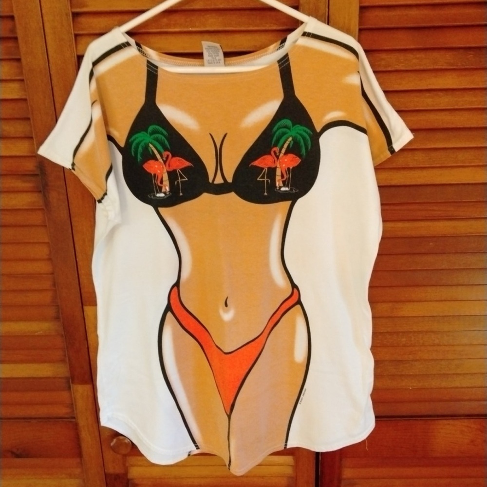Vintage 🦩 Bikini Print Illusion Cover Up Top for pool, beach, sleep, party wear